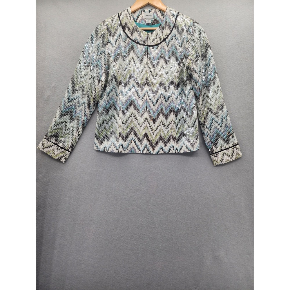 Chicos Sequin Chevron Jacket Womens Size‎ 0 Small Teal Green Zig Zag Toggle Glam